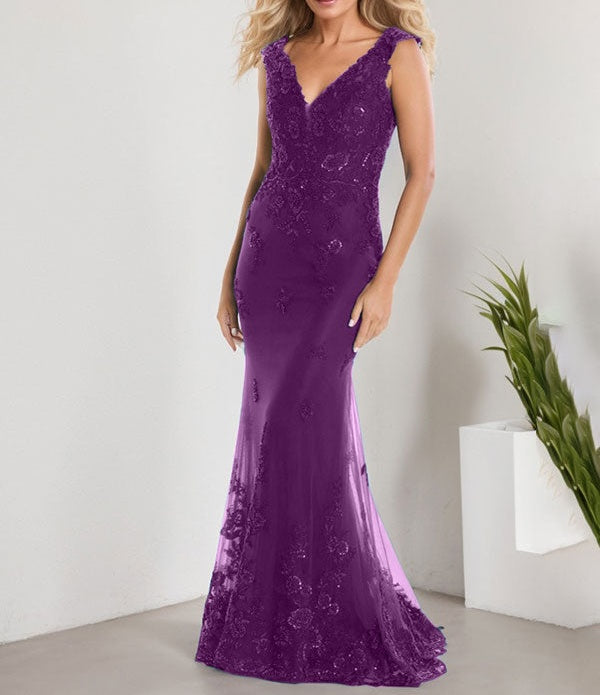 A-line V-Neck Floor-Length Lace Chiffon Mother of the Bride Dress With Applique Sequins Mermaid Dresses