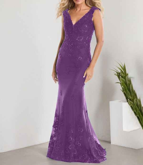 A-line V-Neck Floor-Length Lace Chiffon Mother of the Bride Dress With Applique Sequins Mermaid Dresses