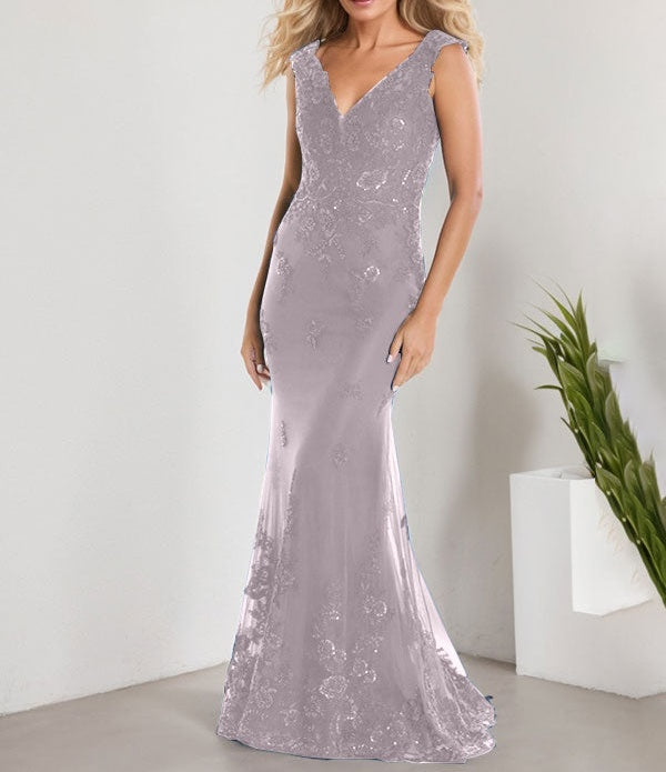 A-line V-Neck Floor-Length Lace Chiffon Mother of the Bride Dress With Applique Sequins Mermaid Dresses