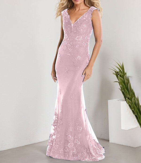 A-line V-Neck Floor-Length Lace Chiffon Mother of the Bride Dress With Applique Sequins Mermaid Dresses