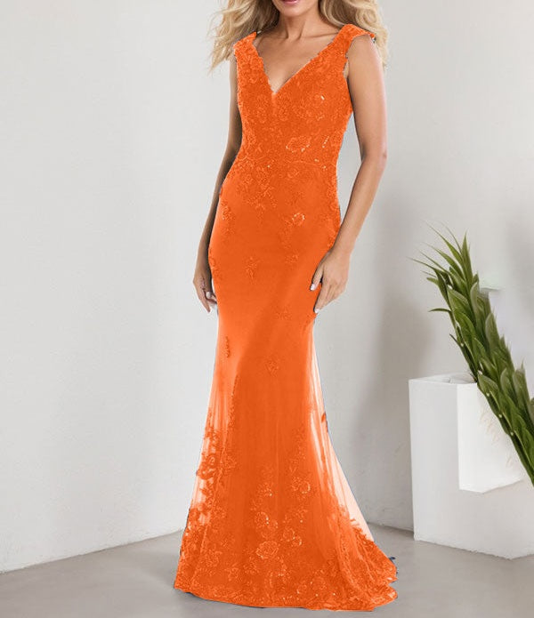 A-line V-Neck Floor-Length Lace Chiffon Mother of the Bride Dress With Applique Sequins Mermaid Dresses
