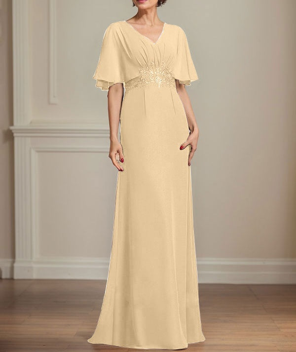 A-line V-Neck Floor-Length Chiffon Mother of the Bride Dress With Pleated Sequins Appliques Lace