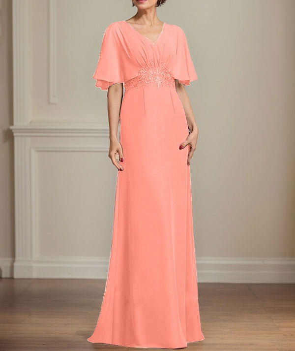 A-line V-Neck Floor-Length Chiffon Mother of the Bride Dress With Pleated Sequins Appliques Lace