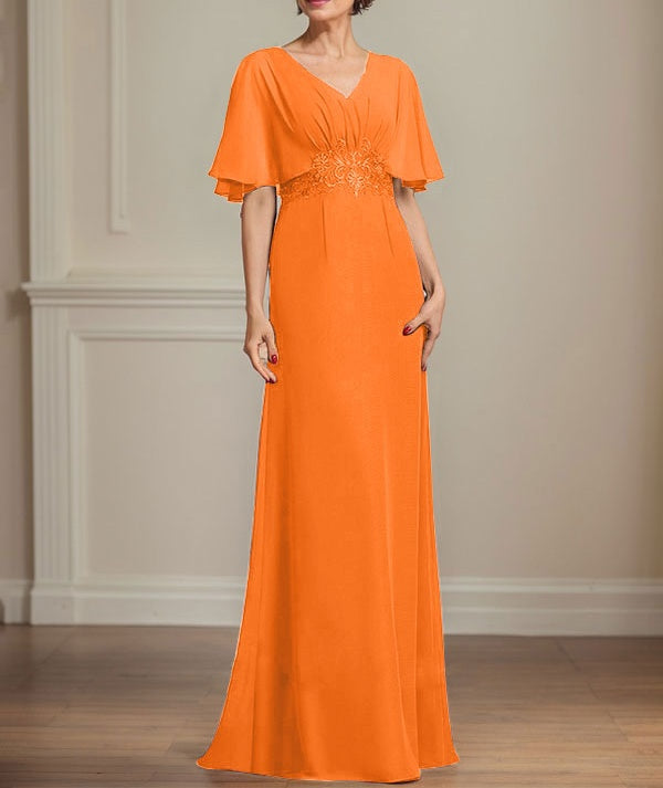 A-line V-Neck Floor-Length Chiffon Mother of the Bride Dress With Pleated Sequins Appliques Lace