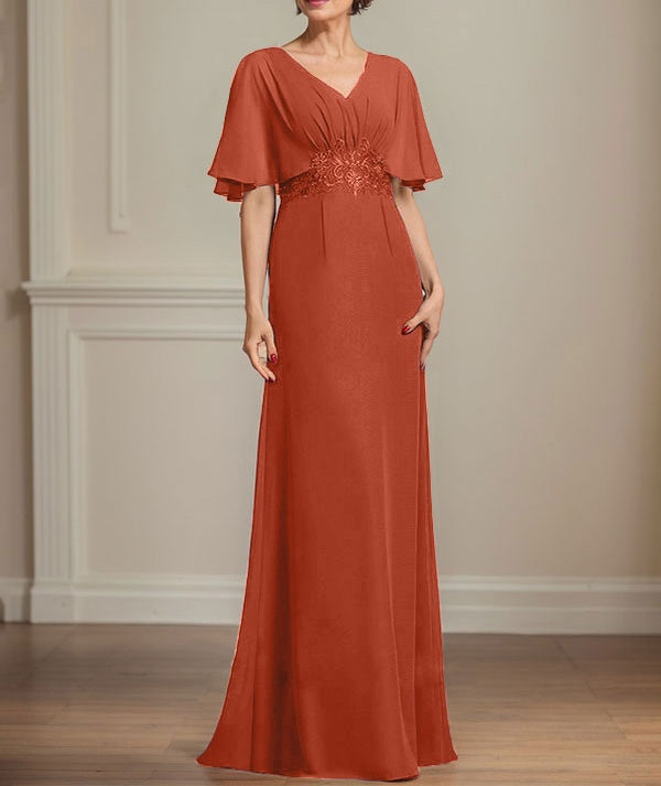 A-line V-Neck Floor-Length Chiffon Mother of the Bride Dress With Pleated Sequins Appliques Lace