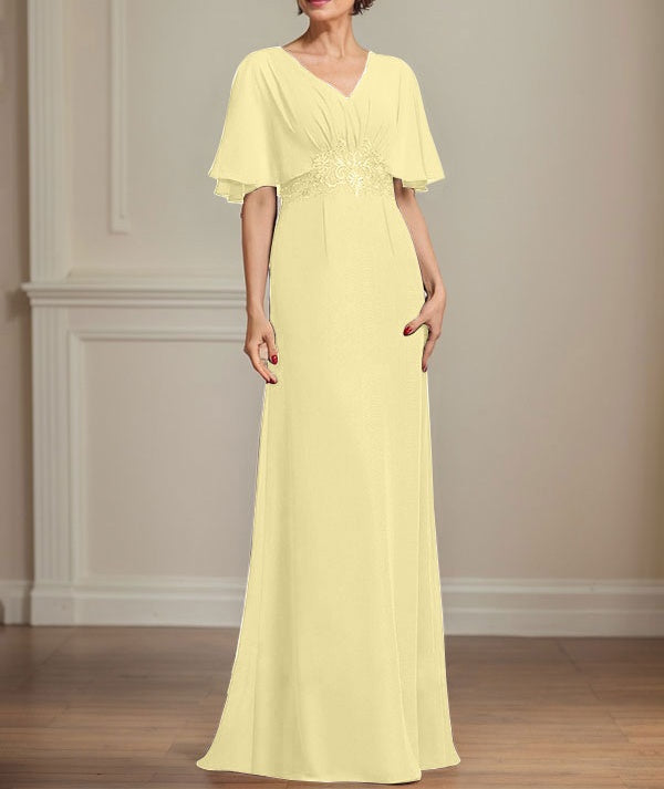 A-line V-Neck Floor-Length Chiffon Mother of the Bride Dress With Pleated Sequins Appliques Lace