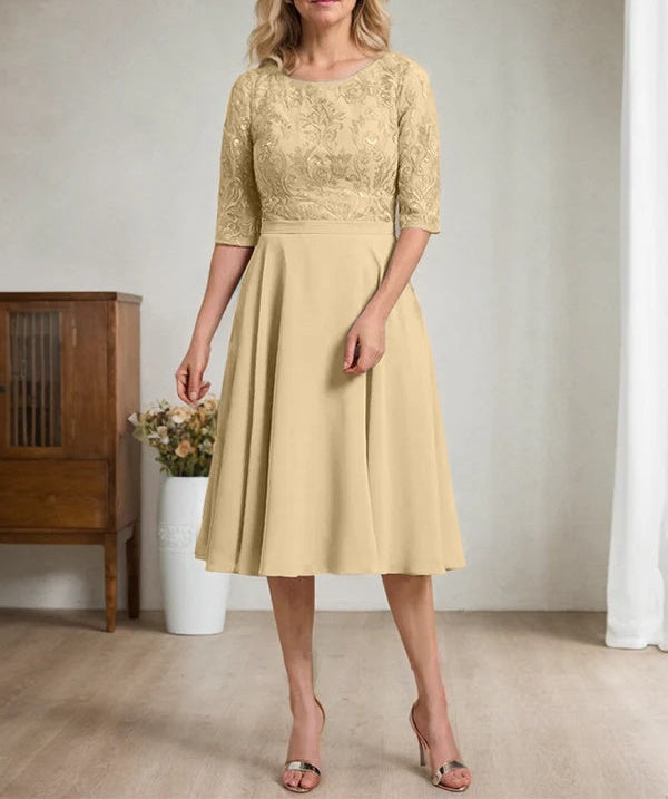 A-line Scoop Knee-Length Lace Chiffon Mother of the Bride Dress
