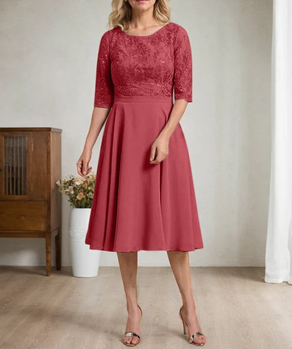 A-line Scoop Knee-Length Lace Chiffon Mother of the Bride Dress