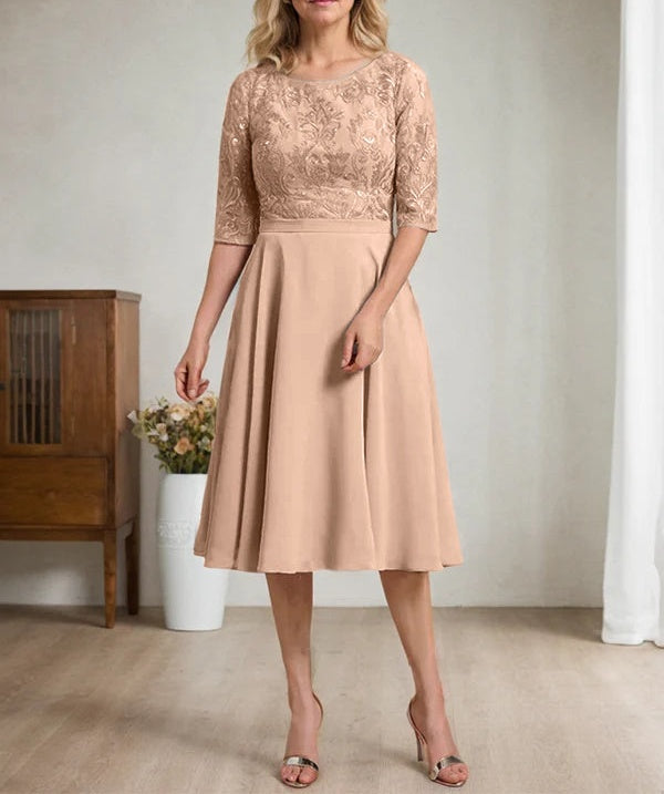 A-line Scoop Knee-Length Lace Chiffon Mother of the Bride Dress