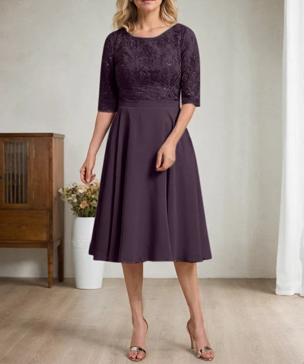 A-line Scoop Knee-Length Lace Chiffon Mother of the Bride Dress