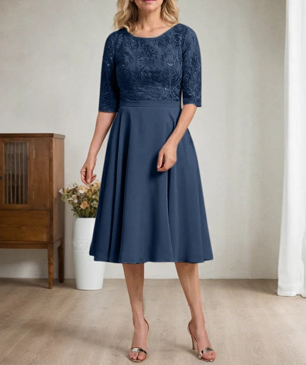 A-line Scoop Knee-Length Lace Chiffon Mother of the Bride Dress