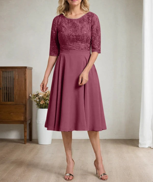 A-line Scoop Knee-Length Lace Chiffon Mother of the Bride Dress