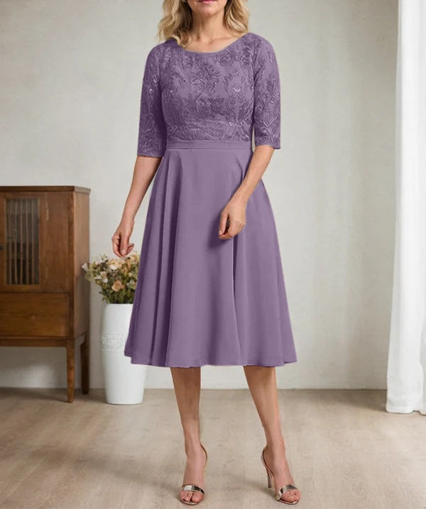 A-line Scoop Knee-Length Lace Chiffon Mother of the Bride Dress