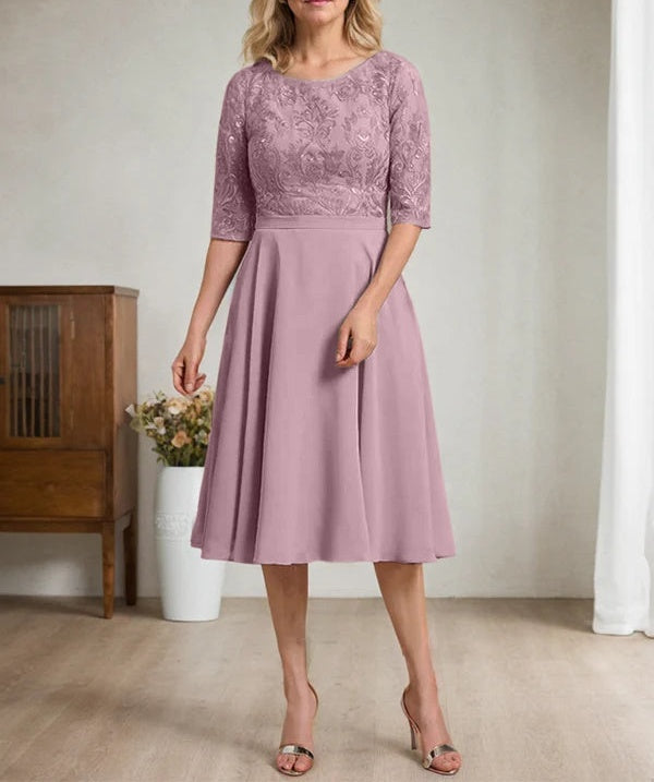 A-line Scoop Knee-Length Lace Chiffon Mother of the Bride Dress