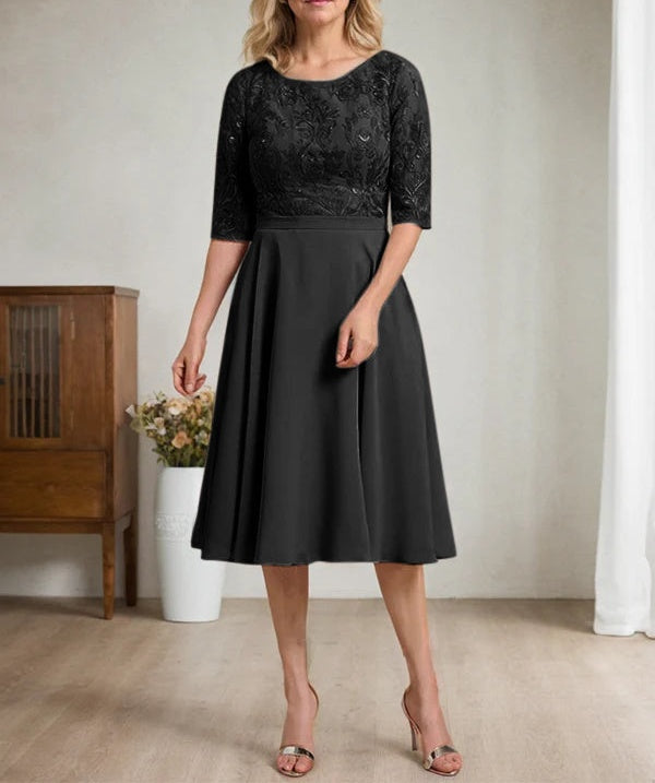 A-line Scoop Knee-Length Lace Chiffon Mother of the Bride Dress