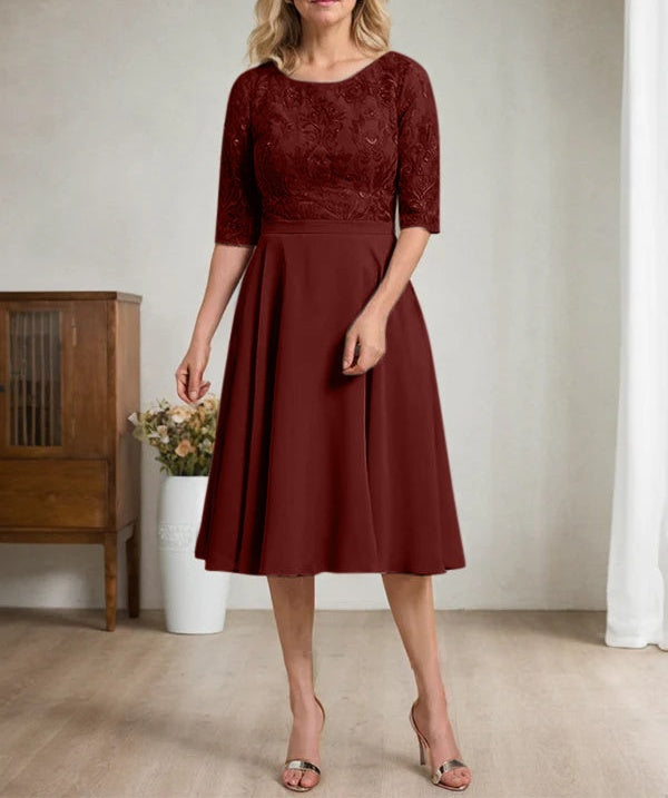 A-line Scoop Knee-Length Lace Chiffon Mother of the Bride Dress