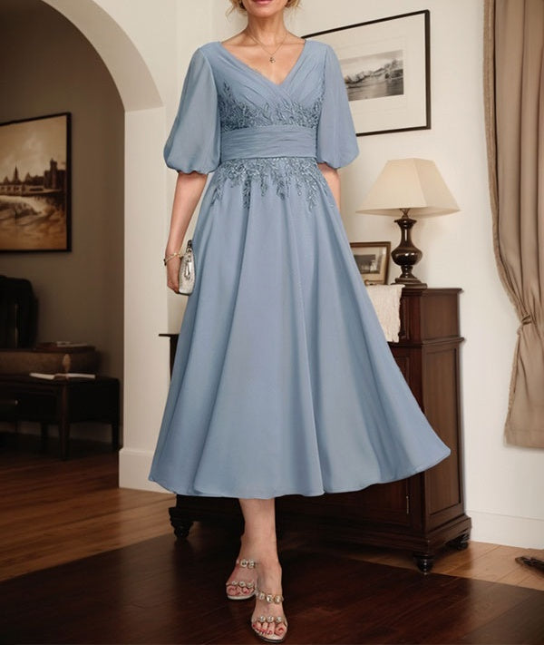 A-line V-Neck Tea-Length Lace Chiffon Mother of the Bride Dress With Pleated