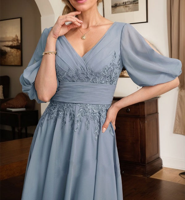 A-line V-Neck Tea-Length Lace Chiffon Mother of the Bride Dress With Pleated