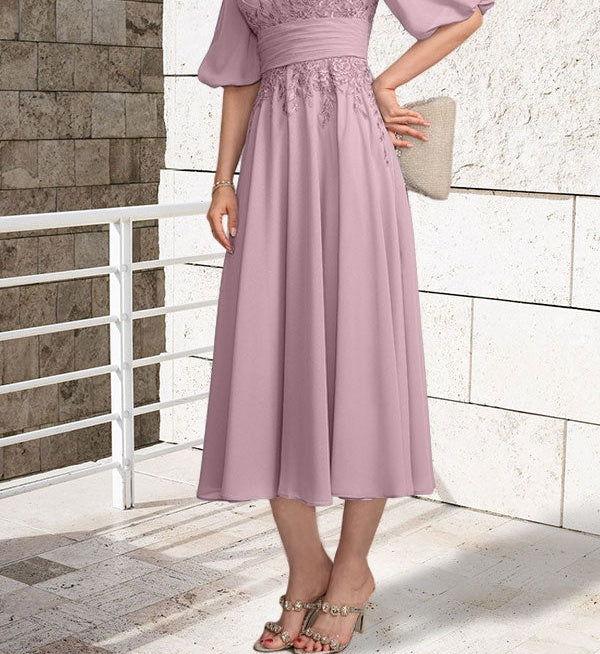 A-line V-Neck Tea-Length Lace Chiffon Mother of the Bride Dress With Pleated