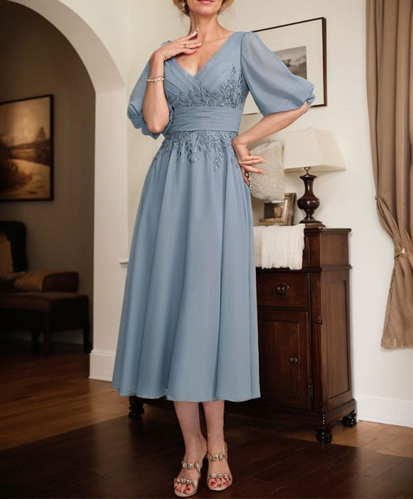 A-line V-Neck Tea-Length Lace Chiffon Mother of the Bride Dress With Pleated