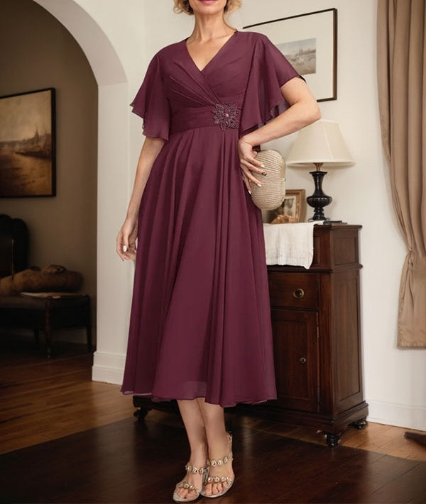 A-line V-Neck Tea-Length Chiffon Mother of the Bride Dress With Pleated Beading