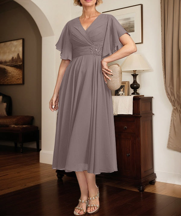 A-line V-Neck Tea-Length Chiffon Mother of the Bride Dress With Pleated Beading
