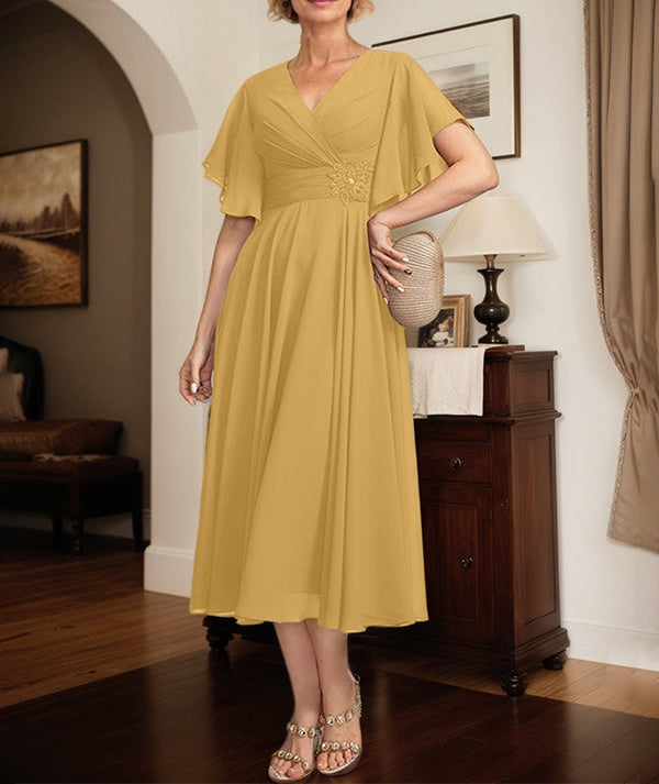 A-line V-Neck Tea-Length Chiffon Mother of the Bride Dress With Pleated Beading