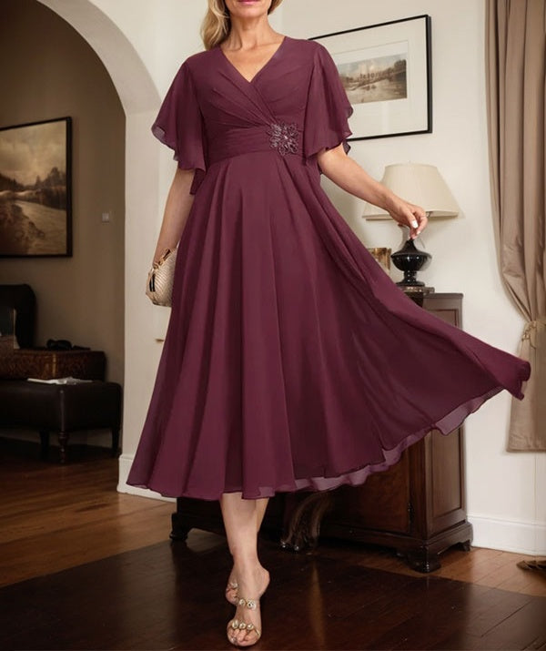 A-line V-Neck Tea-Length Chiffon Mother of the Bride Dress With Pleated Beading
