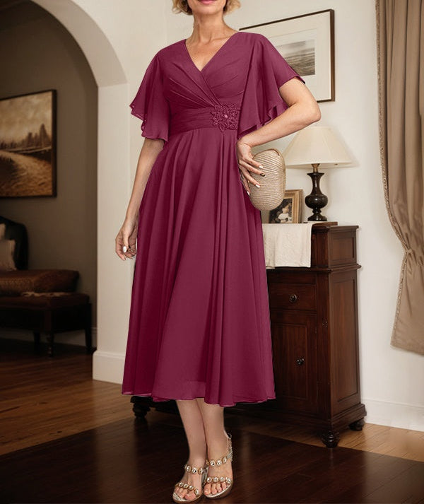 A-line V-Neck Tea-Length Chiffon Mother of the Bride Dress With Pleated Beading