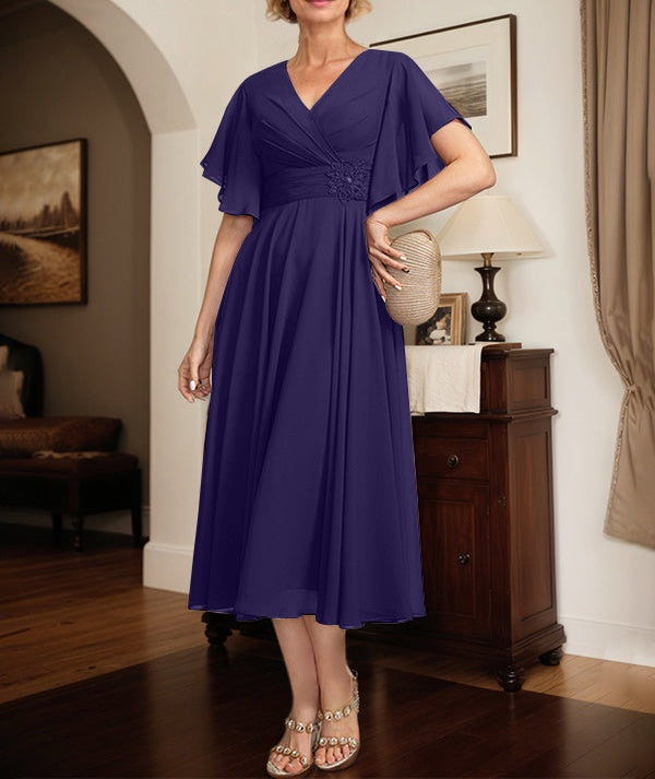 A-line V-Neck Tea-Length Chiffon Mother of the Bride Dress With Pleated Beading