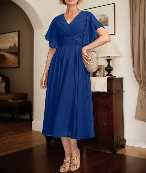 A-line V-Neck Tea-Length Chiffon Mother of the Bride Dress With Pleated Beading