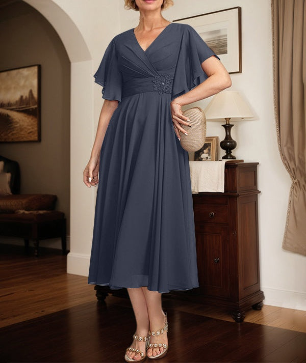 A-line V-Neck Tea-Length Chiffon Mother of the Bride Dress With Pleated Beading