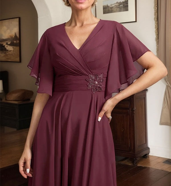 A-line V-Neck Tea-Length Chiffon Mother of the Bride Dress With Pleated Beading