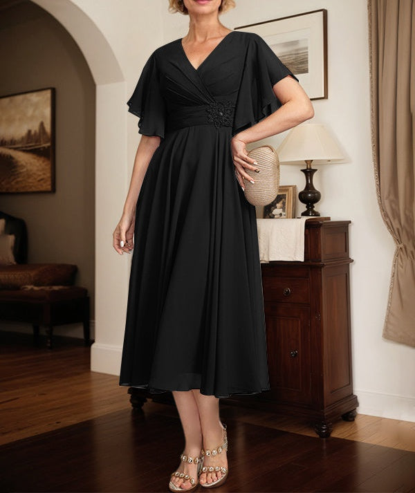 A-line V-Neck Tea-Length Chiffon Mother of the Bride Dress With Pleated Beading