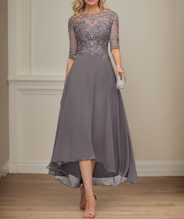 A-line Boat Neck Illusion Asymmetrical Chiffon Lace Mother of the Bride Dress With Sequins Beading