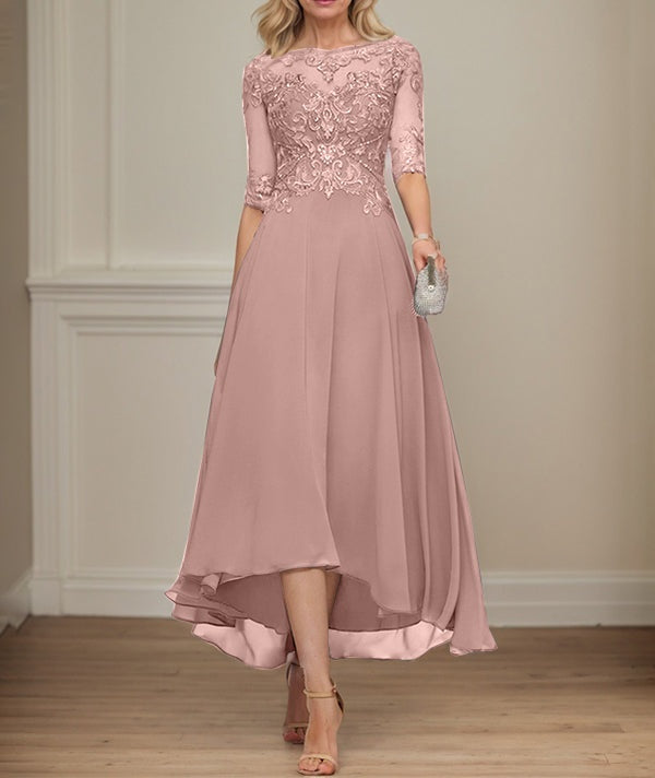 A-line Boat Neck Illusion Asymmetrical Chiffon Lace Mother of the Bride Dress With Sequins Beading