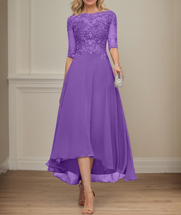 A-line Boat Neck Illusion Asymmetrical Chiffon Lace Mother of the Bride Dress With Sequins Beading