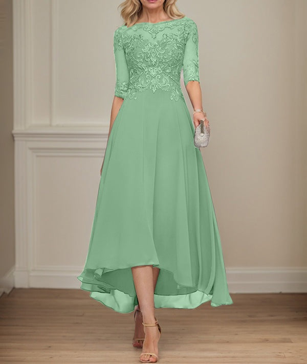 A-line Boat Neck Illusion Asymmetrical Chiffon Lace Mother of the Bride Dress With Sequins Beading