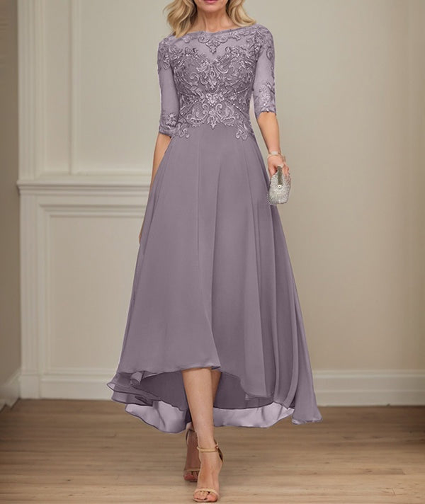 A-line Boat Neck Illusion Asymmetrical Chiffon Lace Mother of the Bride Dress With Sequins Beading