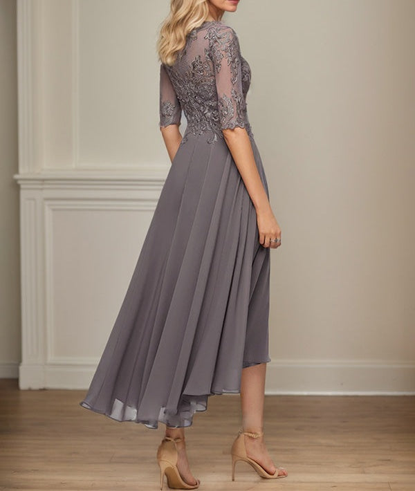 A-line Boat Neck Illusion Asymmetrical Chiffon Lace Mother of the Bride Dress With Sequins Beading