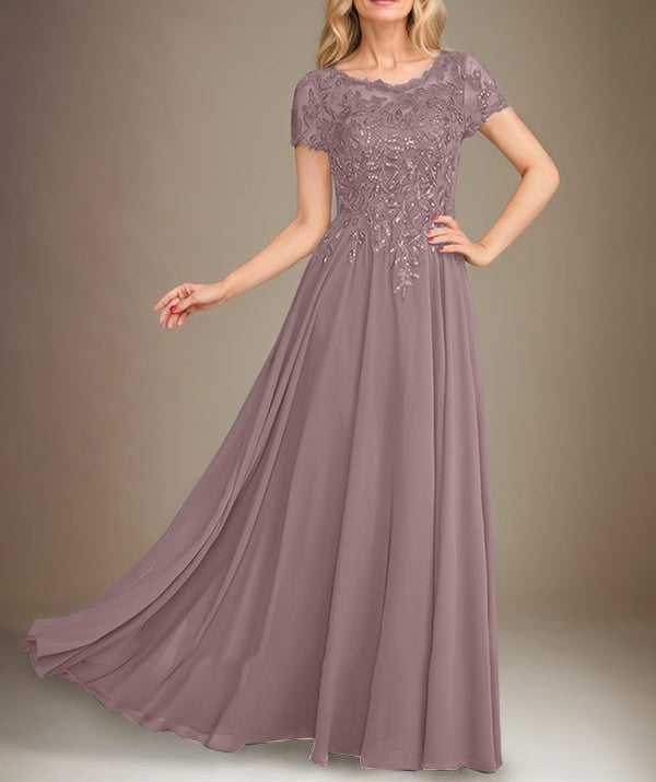 A-Line Scoop Floor-Length Chiffon Mother of the Bride Dress With Applique & Sequins