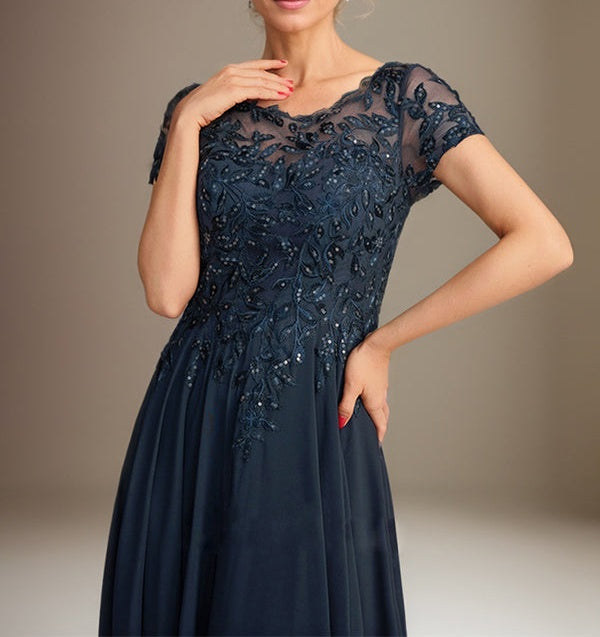 A-Line Scoop Floor-Length Chiffon Mother of the Bride Dress With Applique & Sequins