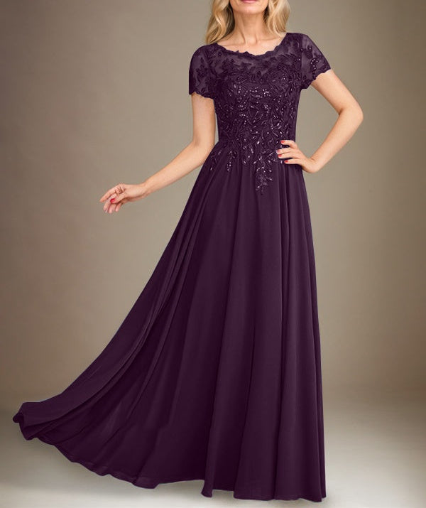 A-Line Scoop Floor-Length Chiffon Mother of the Bride Dress With Applique & Sequins