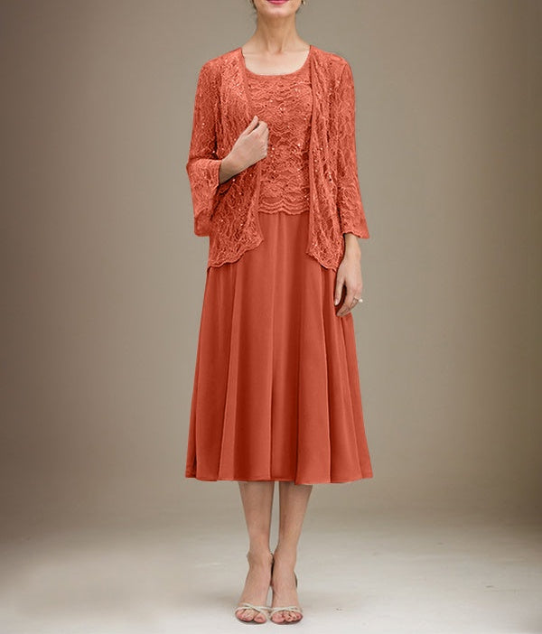 A-line Scoop Tea-Length Lace Chiffon Mother of the Bride Dress With Sequins