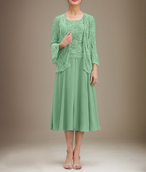 A-line Scoop Tea-Length Lace Chiffon Mother of the Bride Dress With Sequins