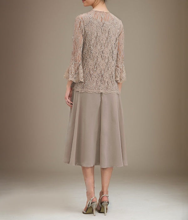 A-line Scoop Tea-Length Lace Chiffon Mother of the Bride Dress With Sequins