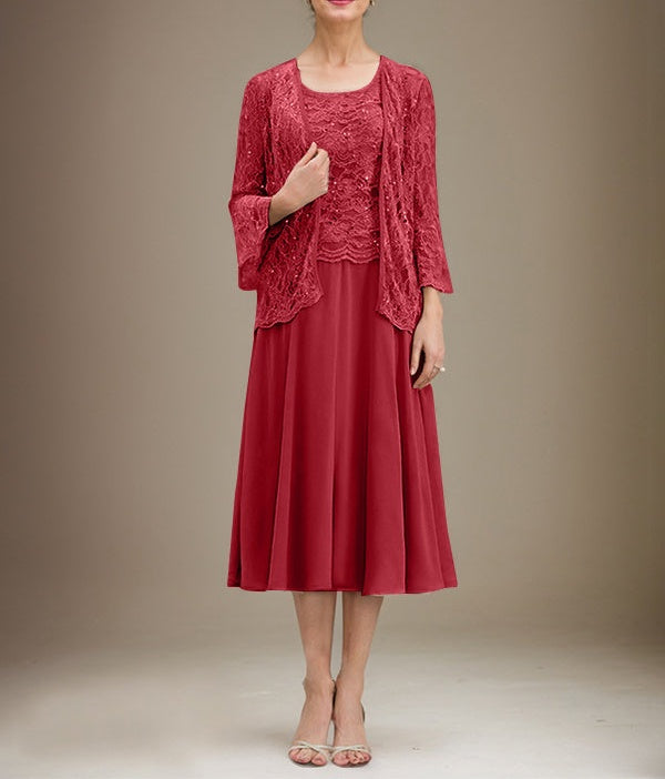 A-line Scoop Tea-Length Lace Chiffon Mother of the Bride Dress With Sequins