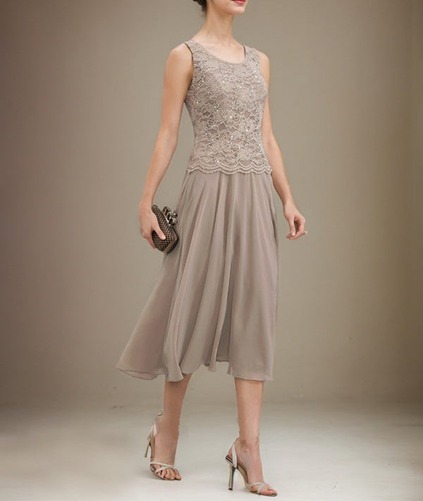 A-line Scoop Tea-Length Lace Chiffon Mother of the Bride Dress With Sequins