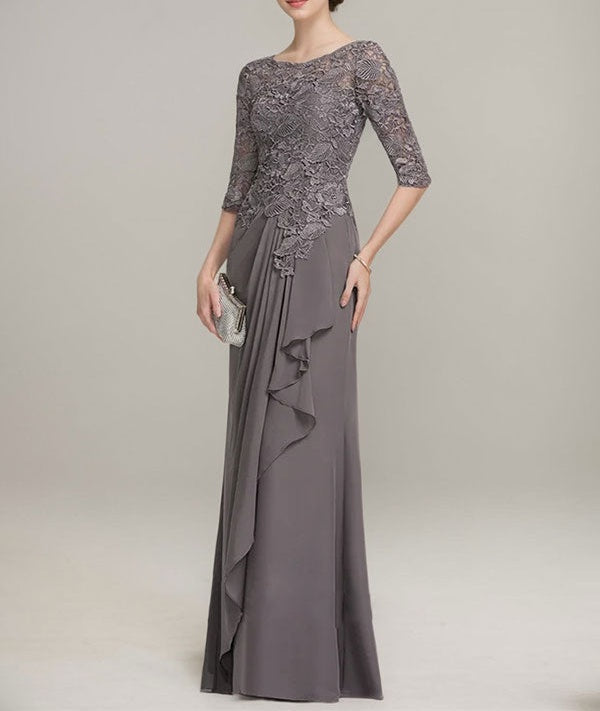 A-line Scoop Illusion Floor-Length Lace Chiffon Mother of the Bride Dress With Cascading Ruffles