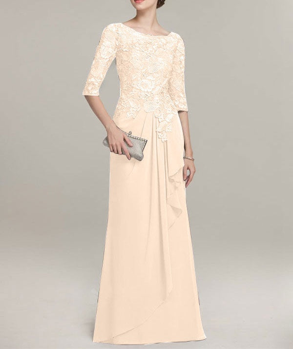 A-line Scoop Illusion Floor-Length Lace Chiffon Mother of the Bride Dress With Cascading Ruffles